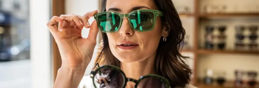 Une femme compare deux paires de lunettes de soleil vertes devant un miroir d'opticien.