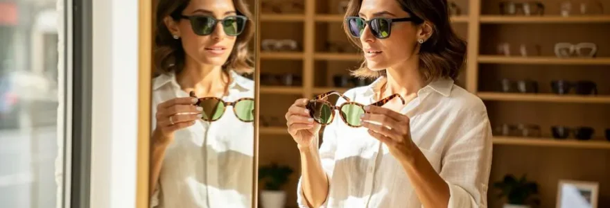 Une femme compare deux paires de lunettes de soleil vertes devant un miroir d'opticien.