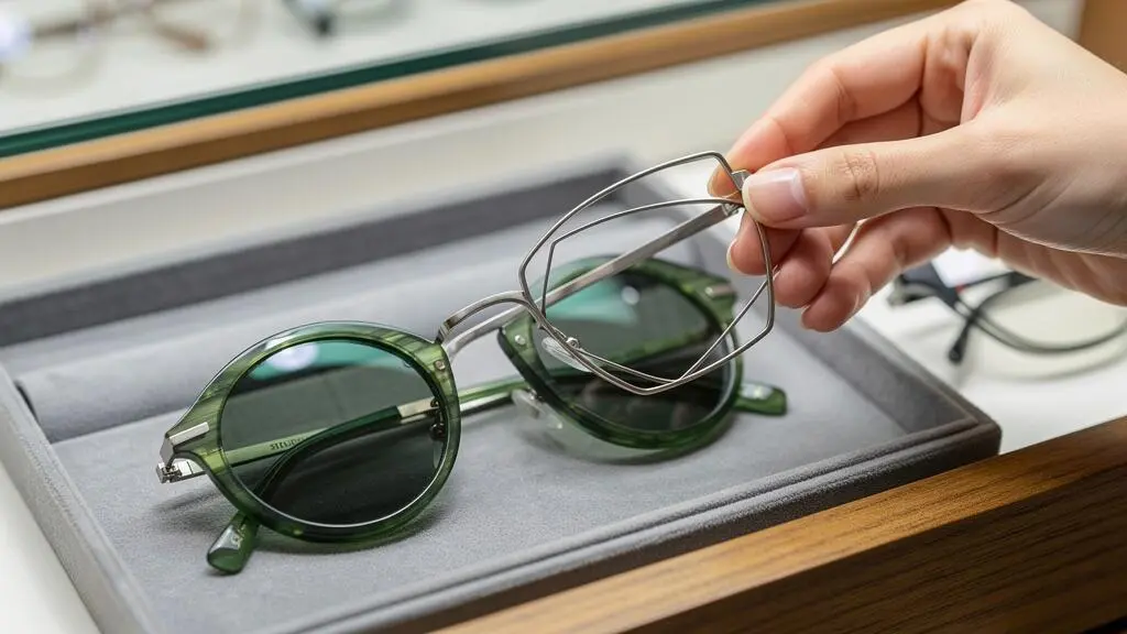 Deux montures de lunettes de soleil vertes aux styles différents présentées sur un présentoir d'opticien.