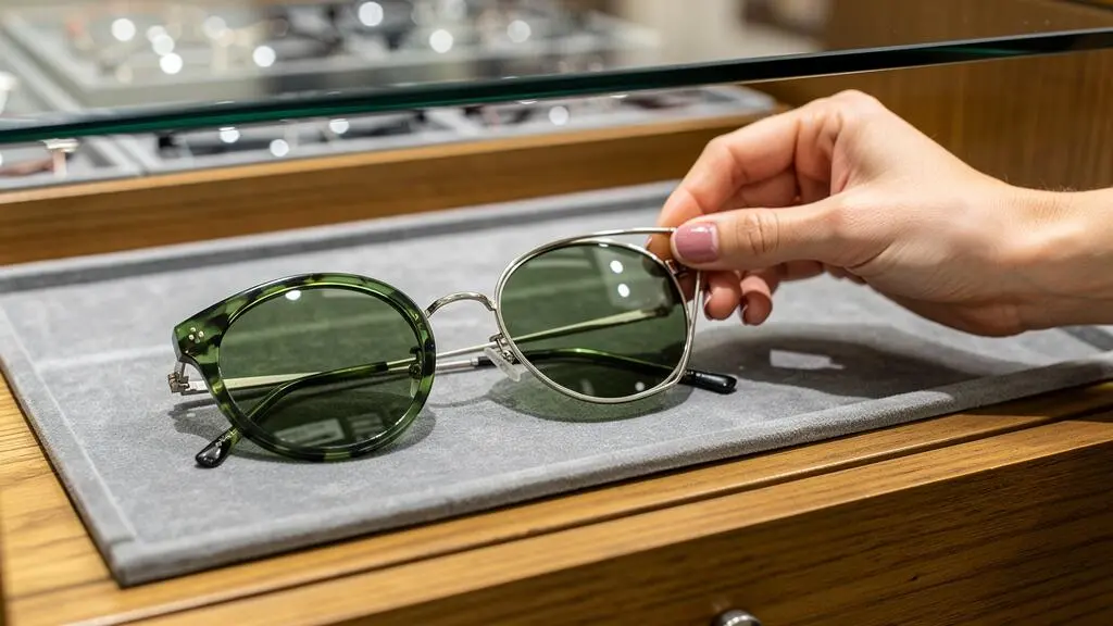 Deux montures de lunettes de soleil vertes aux styles différents présentées sur un présentoir d'opticien.